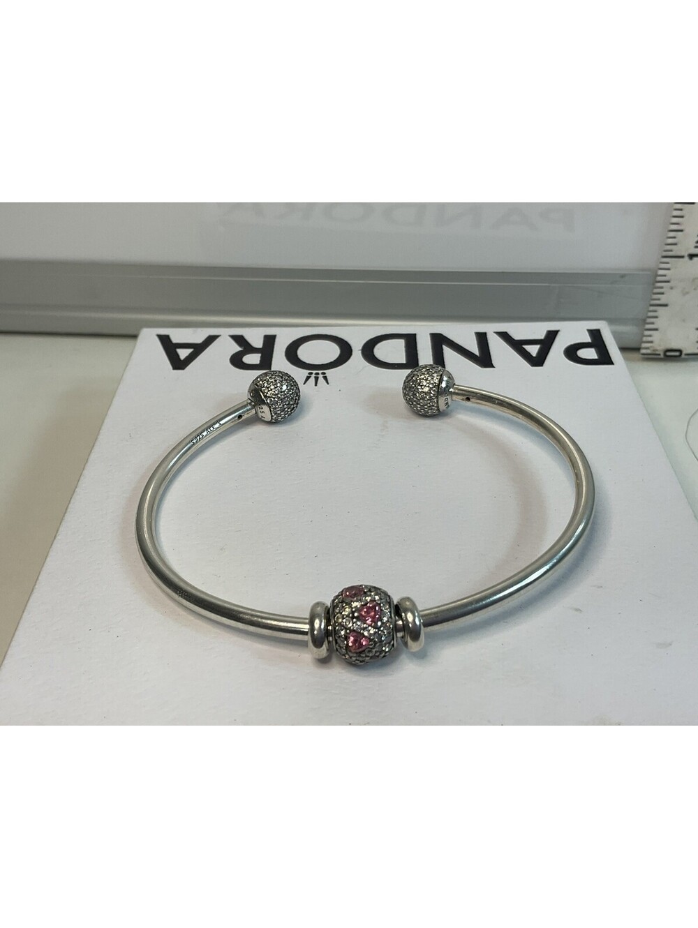 Pandora Open Bangle Pave Ends With Shimmering Heart Sz 3 8.5”